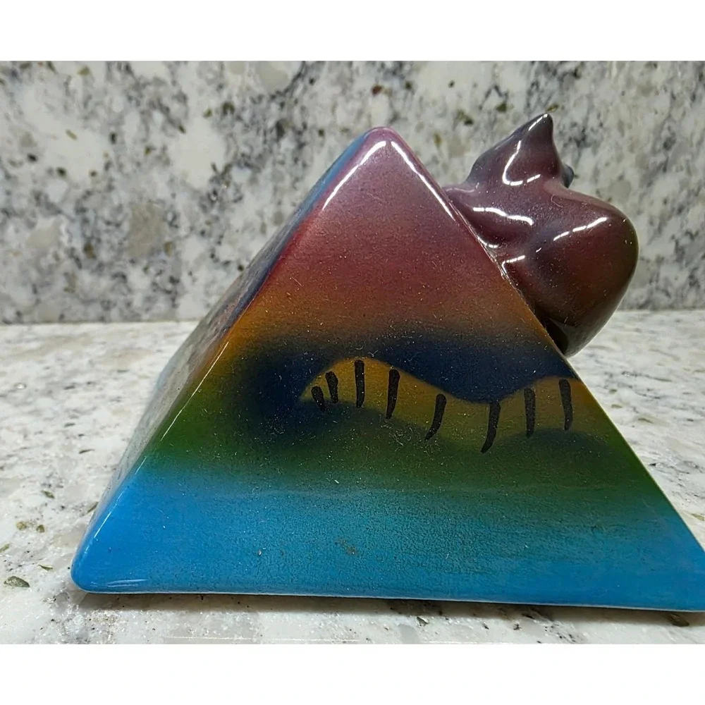 Signed D. Stiles Ceramic Cat Quartz Clock Pyramid Colorful Unique Decor‎